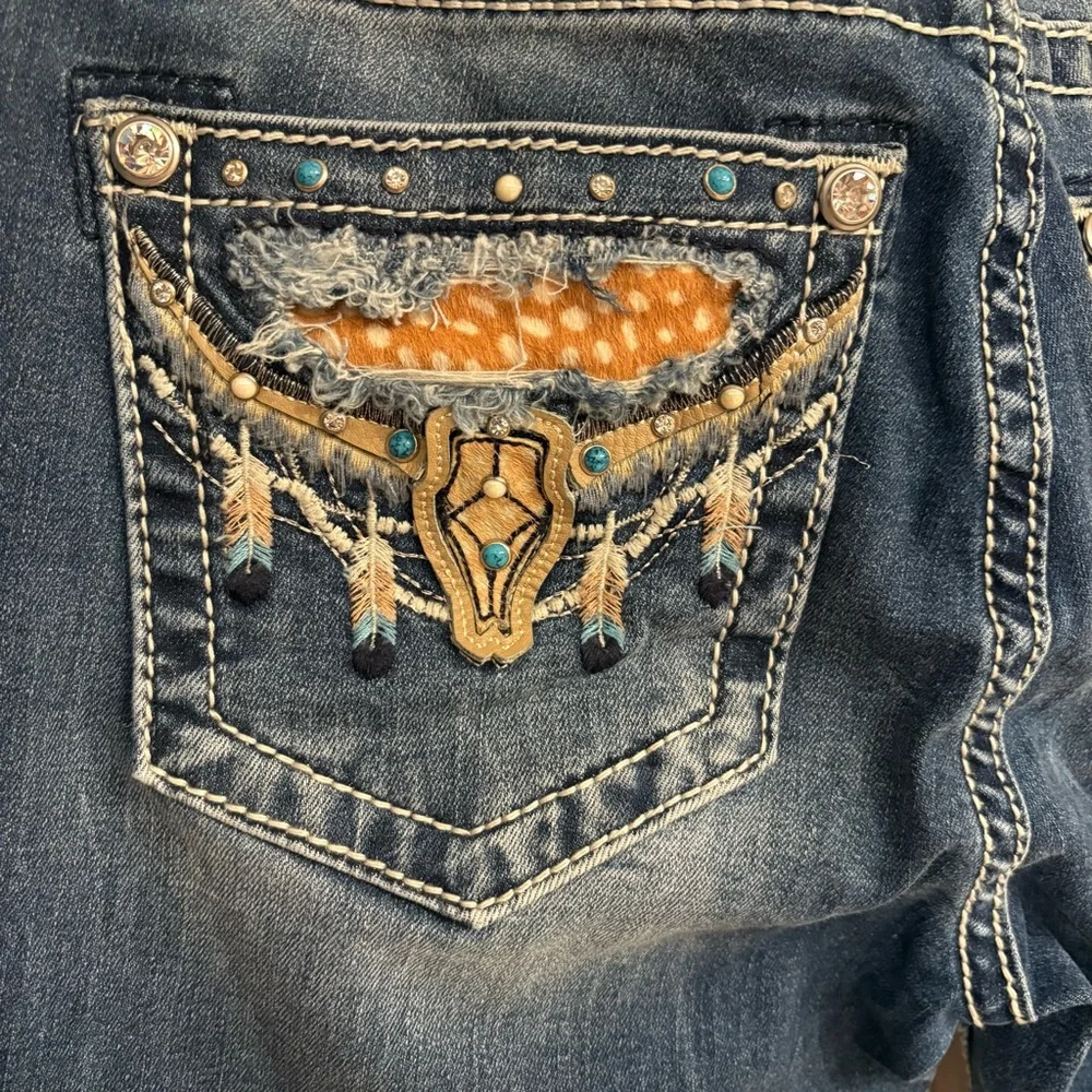 Miss Me Cow Print & Turquoise Bling Bootcut Jeans 28x34 NWT - Picture 1 of 11